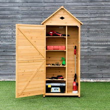 Load image into Gallery viewer, 70&quot; Wood Outdoor Storage Shed Lockable Garden Tools Storage Cabinet with 5 Shelves, Galvanized Sheet Roof
