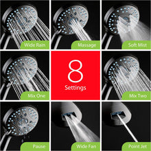 Load image into Gallery viewer, Hotel Spa AquaCare High Pressure 8-Mode Handheld Shower Head - Anti-Clog Nozzles, Power Wash for Tub, Tile &amp; Pets, 6ft Stainless Steel Hose, Wall &amp; Overhead Brackets
