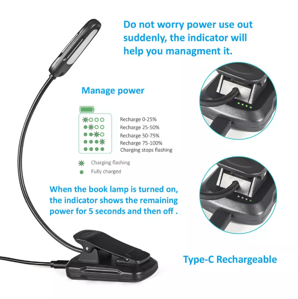 Rechargeable LED Book Light – Adjustable Clip-On Lamp with 3 Brightness Levels