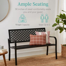 Load image into Gallery viewer, Indoor Outdoor Steel Bench w/ Geometric Backrest, Foot Levelers
