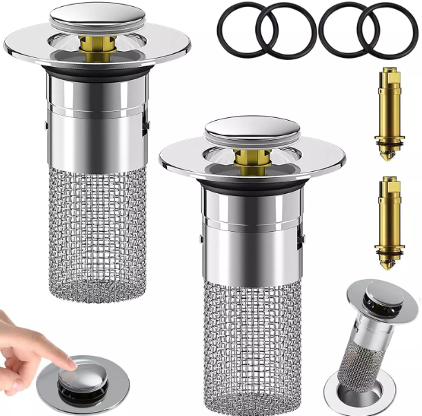 2PCS Sink Stopper & Hair Catcher – Pop-Up Drain Strainer for Bathroom & Kitchen