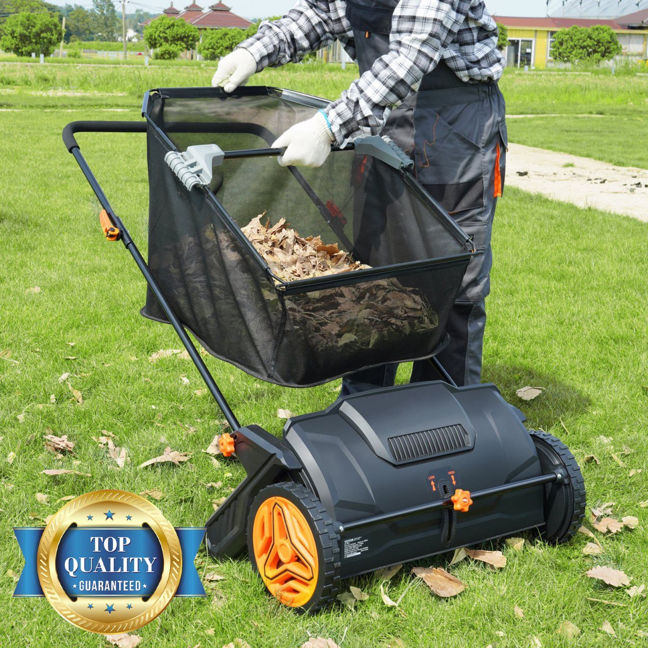 Heavy-Duty Push Lawn Yard Leaf Sweeper With Mesh Collection Bag