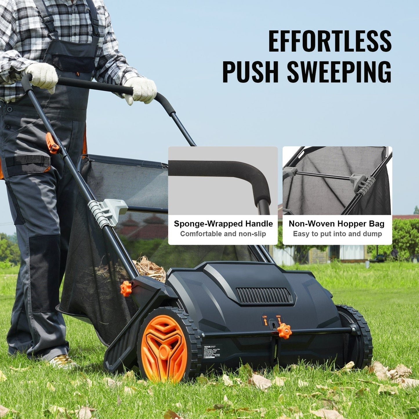 Heavy-Duty Push Lawn Yard Leaf Sweeper With Mesh Collection Bag