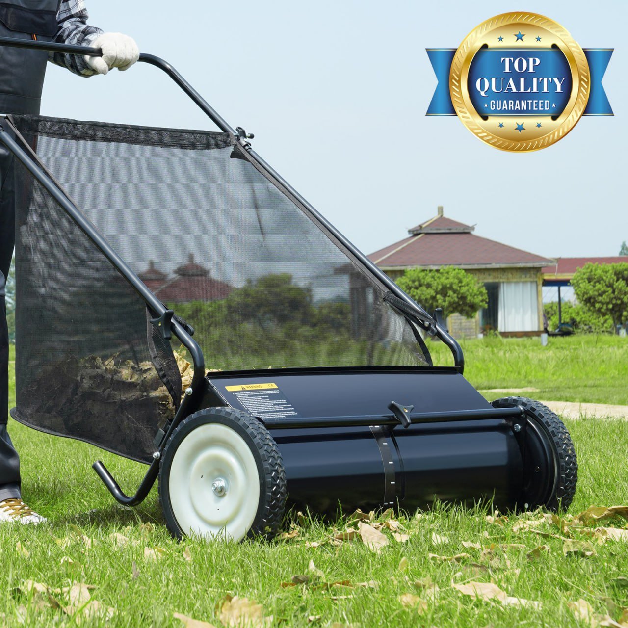 Heavy-Duty Push Lawn Yard Leaf Sweeper With Mesh Collection Bag
