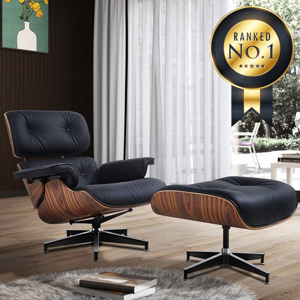 Premium Aniline Leather Plywood Swivel Lounge Chair With Ottoman