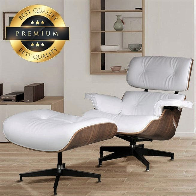 Premium Leather Wooden Ergonomic Swivel Lounge Chair With Ottoman