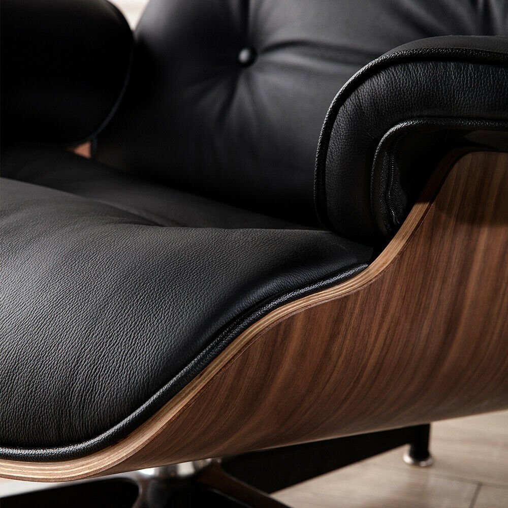 Premium Leather Wooden Ergonomic Swivel Lounge Chair With Ottoman