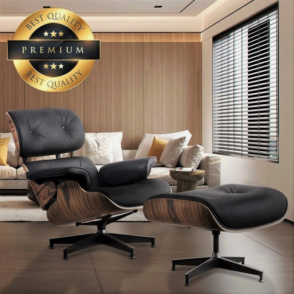 Premium Leather Wooden Ergonomic Swivel Lounge Chair With Ottoman