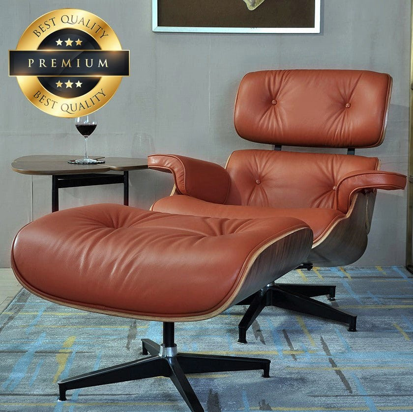 Premium Leather Wooden Ergonomic Swivel Lounge Chair With Ottoman