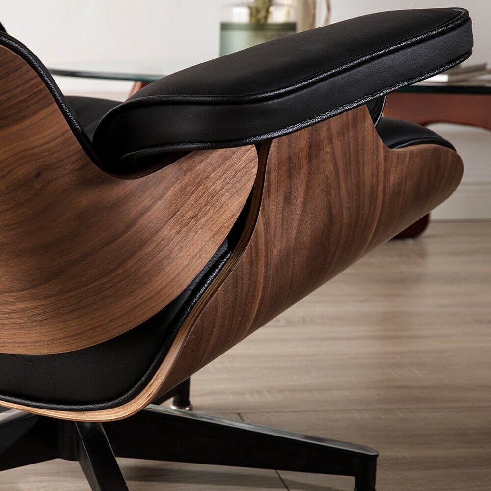 Premium Leather Wooden Ergonomic Swivel Lounge Chair With Ottoman