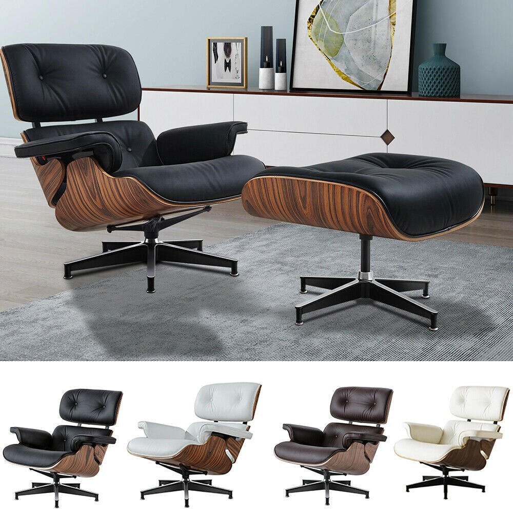 Premium Leather Wooden Ergonomic Swivel Lounge Chair With Ottoman