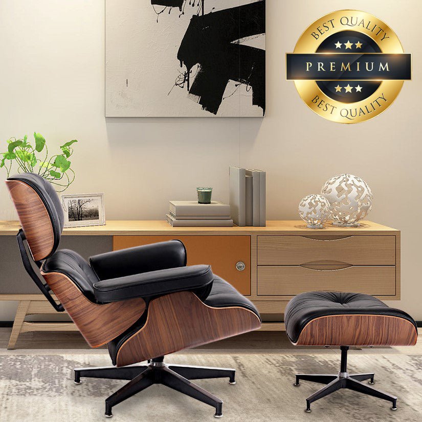 Premium Leather Wooden Ergonomic Swivel Lounge Chair With Ottoman