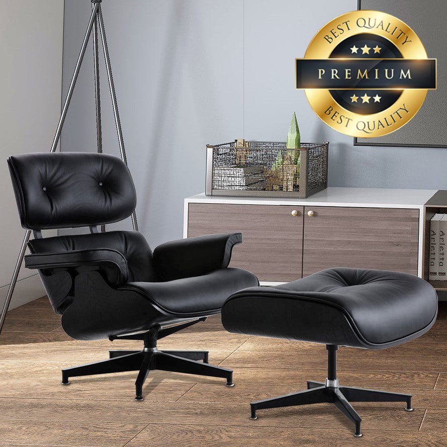Premium Leather Wooden Ergonomic Swivel Lounge Chair With Ottoman