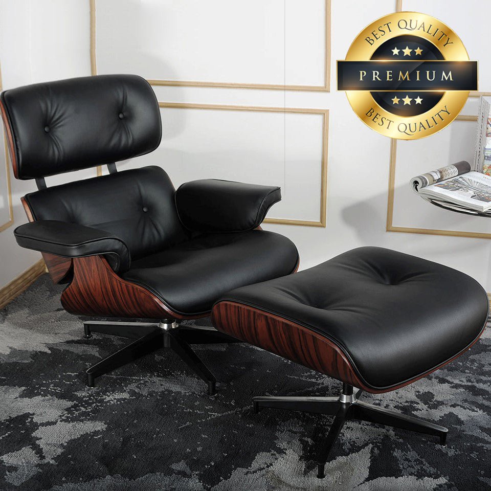 Premium Leather Wooden Ergonomic Swivel Lounge Chair With Ottoman