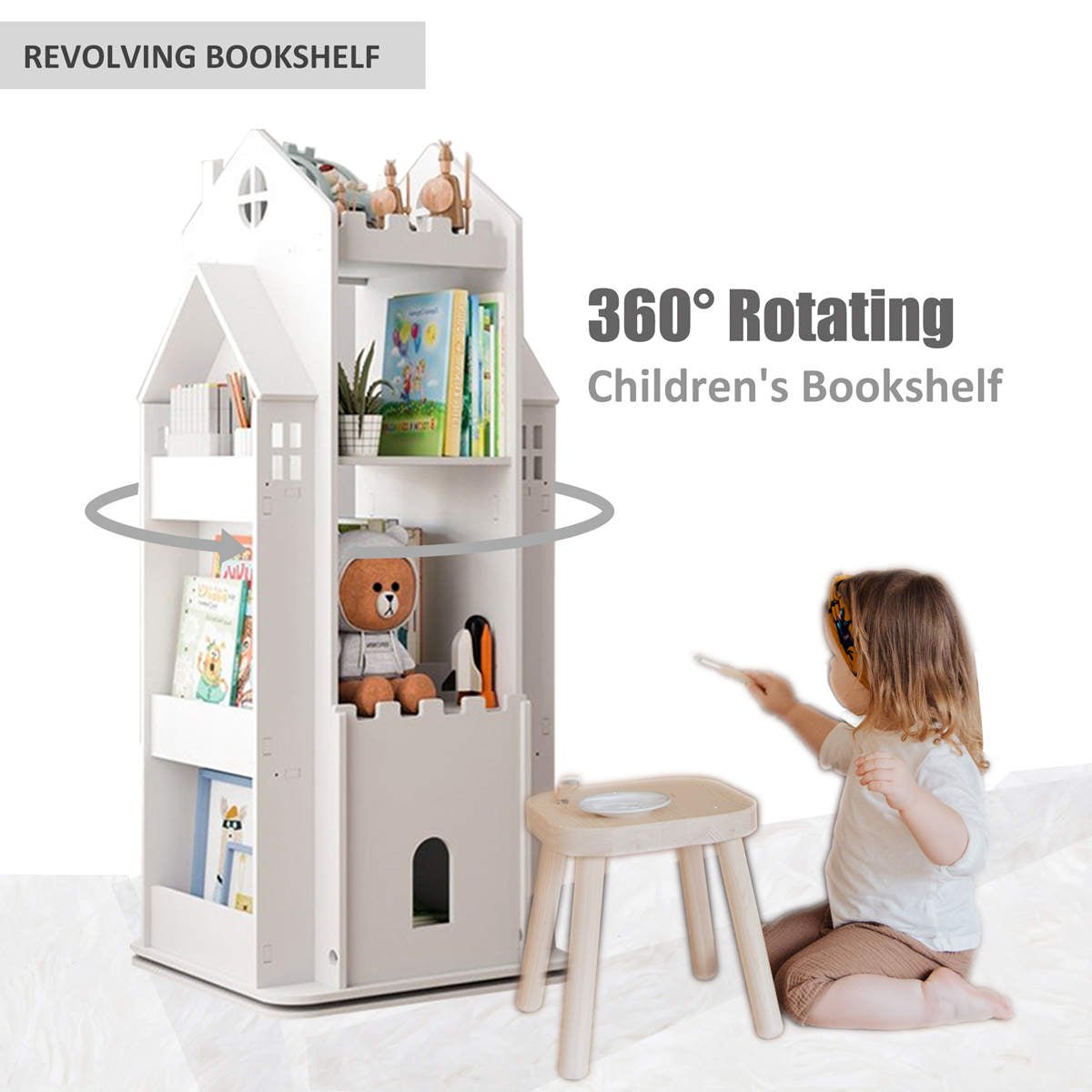 Premium Wooden 360 Rotating Multifunctional Standing Bookcase For Kids