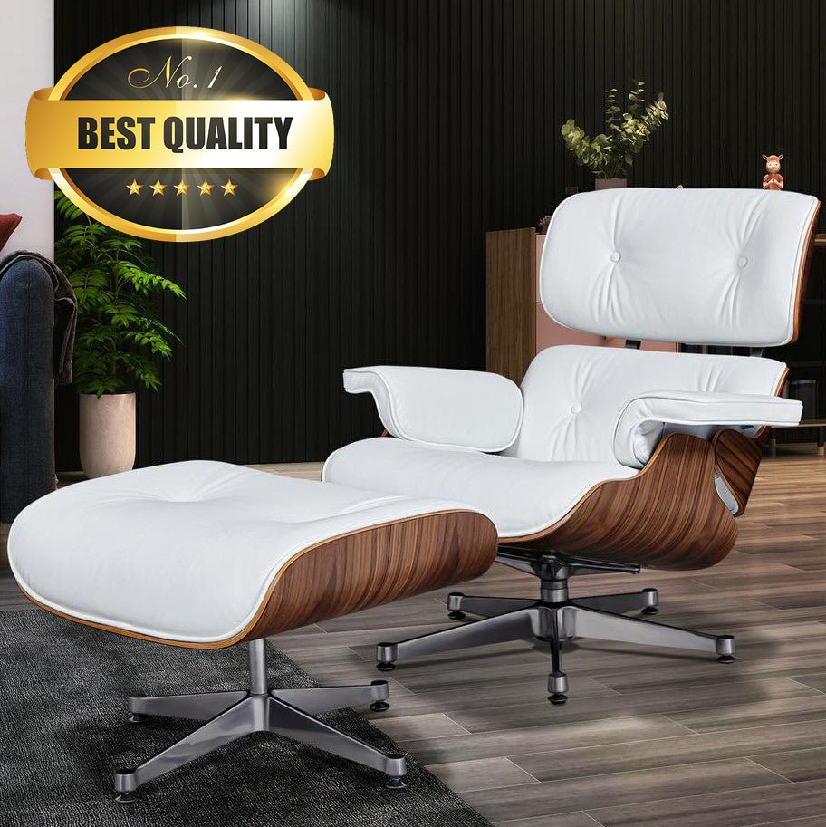 Premium Wooden Leather Swivel Lounge Chair Ottoman Set W/ Silver Base